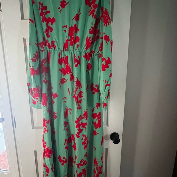 Beautiful Flowing Faux Wrap Maxi Dress in Seagram Green and Red - Picture 2 of 2